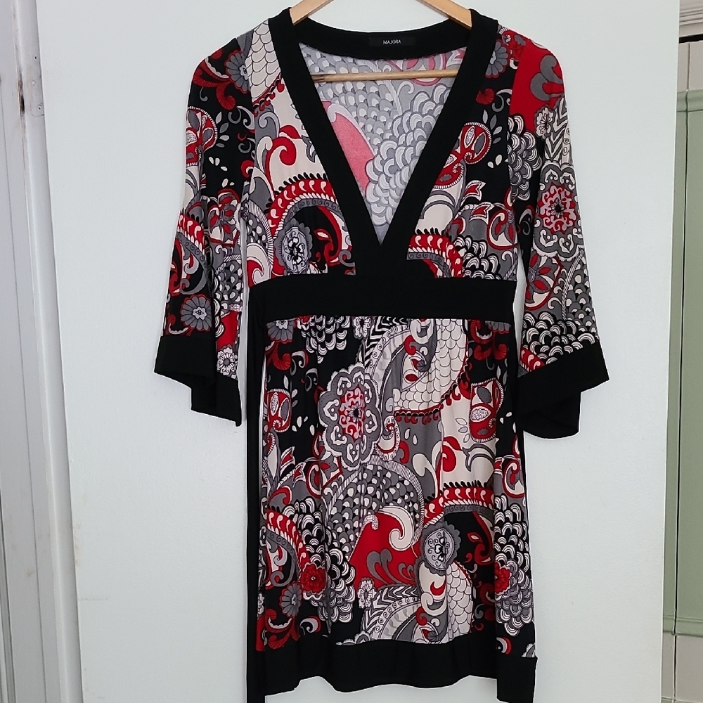 Multicolor V-Neck Patterned Tunic Dress